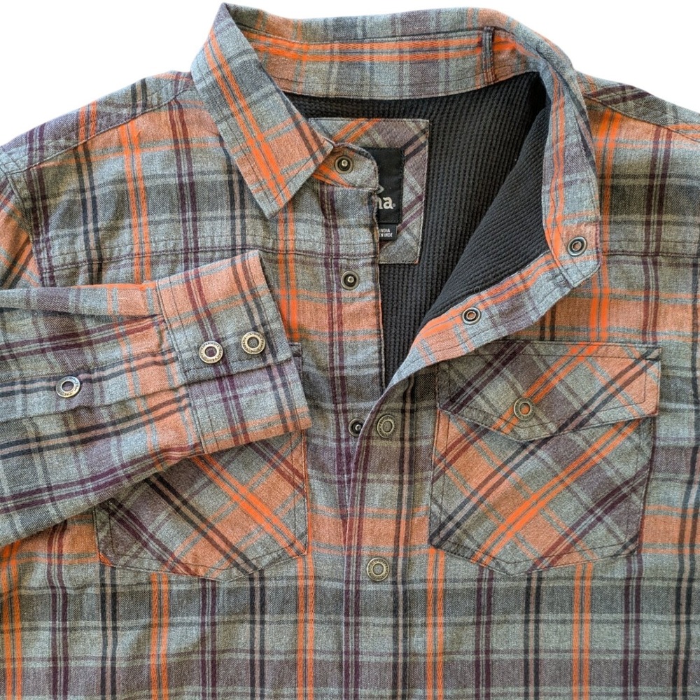 Prana Asylum Mens Small Grey Orange Plaid Waffle Thermal Lined Flannel Shacket